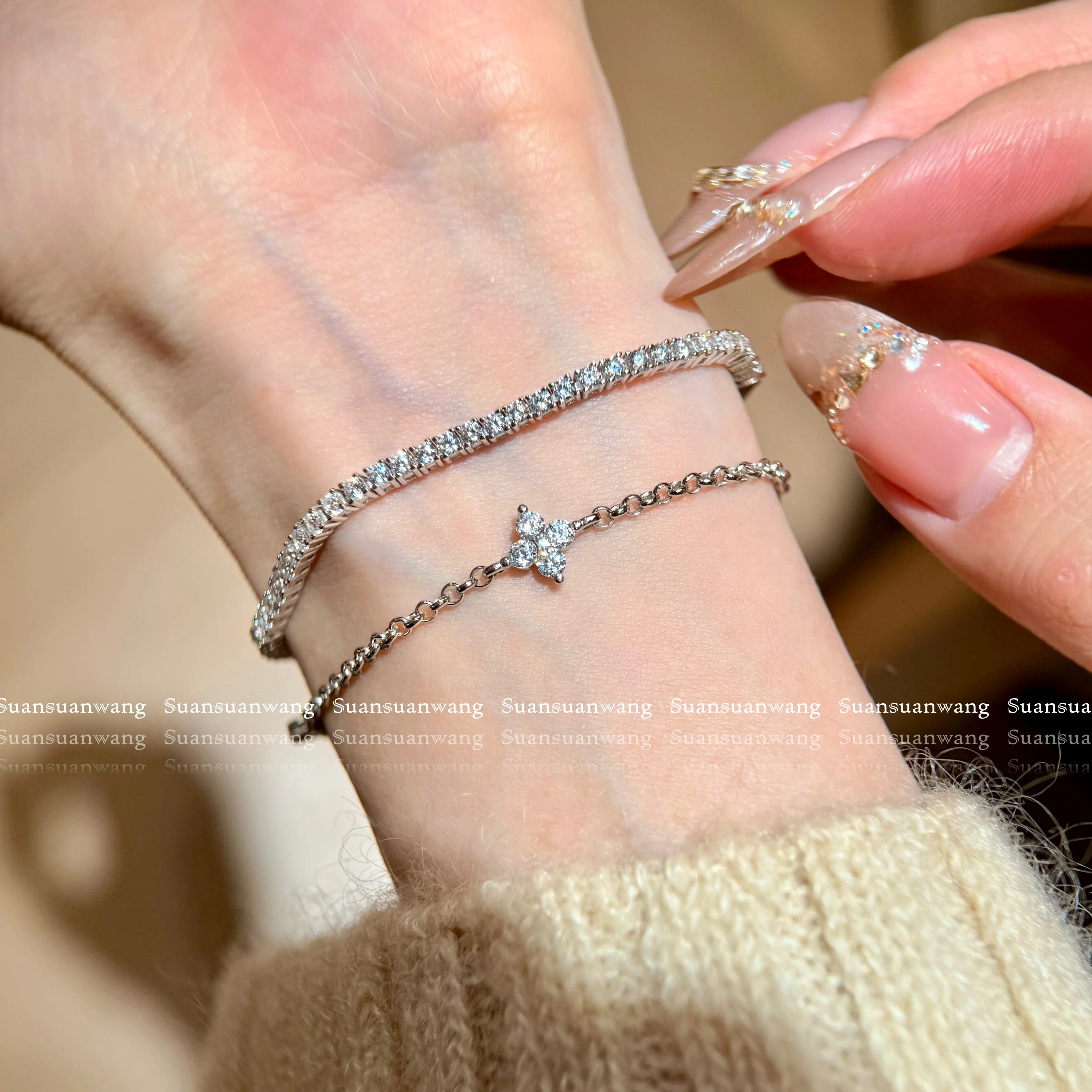 【ROS&Eacute;朴彩英同款】四爪镶满全钻手链银镀18k白金情侣男女网球