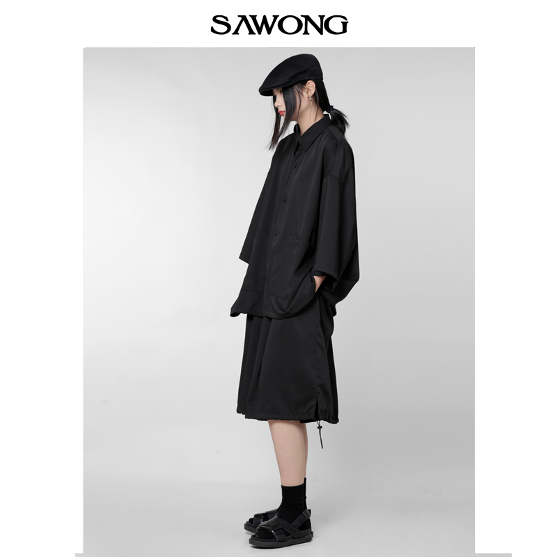 SAwong夏季新款原创设计日系小众暗黑个性休闲简约短袖衬衫套装潮