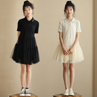 连衣裙小个子亲子裙 夏季 女童收腰显瘦网纱拼接气质短裙学院风短袖
