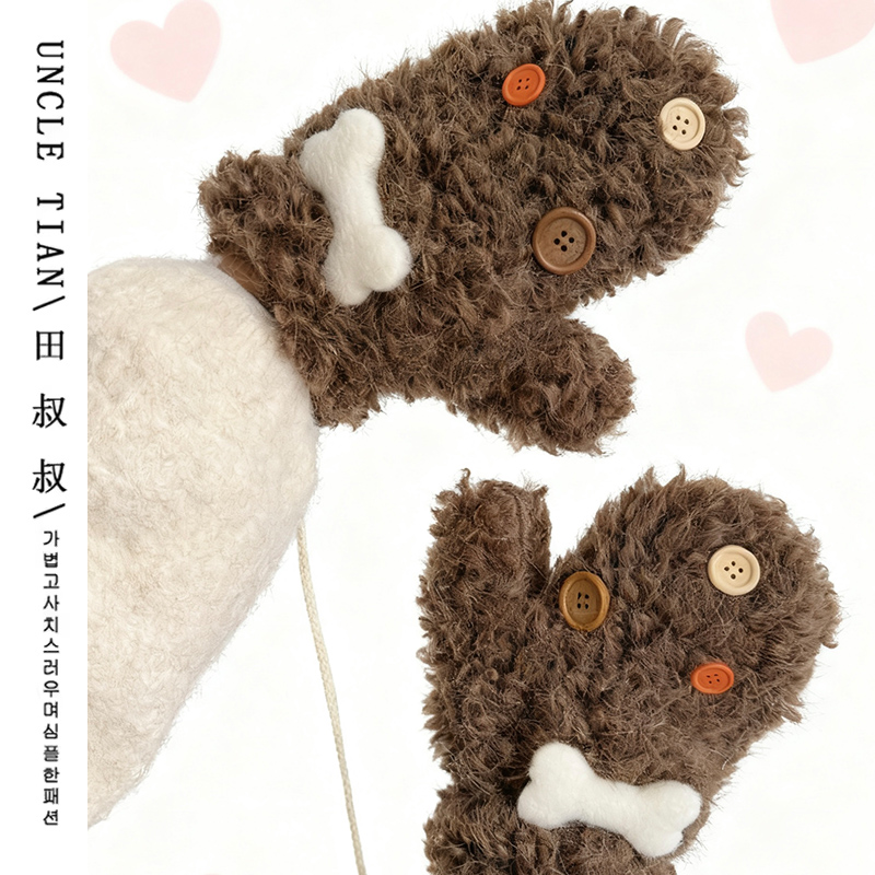 冬季系绳挂脖全指手套女可爱加绒加厚保暖骑车防寒方便携带羊羔毛