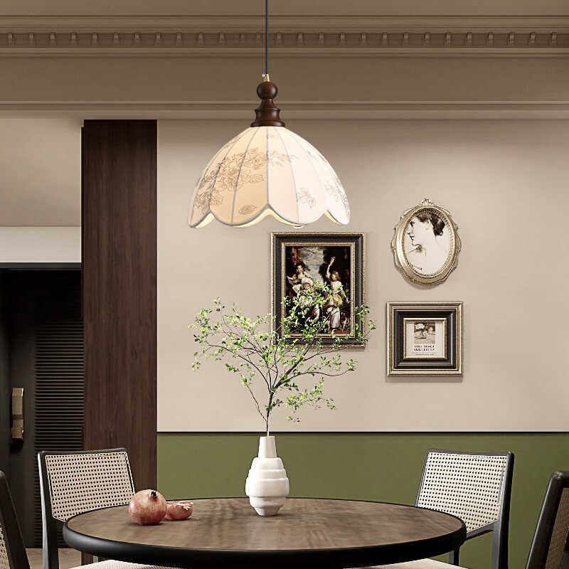 新中式单头实木小号吊灯过道玄关衣帽间走廊卧室床头中古风布艺灯