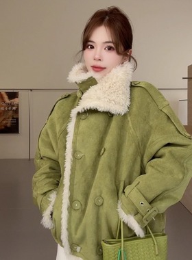 NN家秋冬女加厚双排扣仿羊羔毛麂皮绒皮毛一体环保皮草外套2503