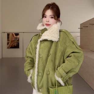 NN家秋冬女加厚双排扣仿羊羔毛麂皮绒皮毛一体环保皮草外套2503