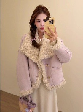 NN家秋冬加厚双面穿翻领仿羊羔毛麂皮绒皮毛一体环保皮草外套2555