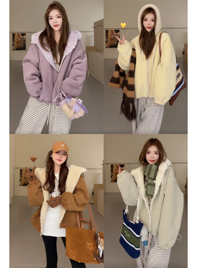 NN家秋冬加厚女连帽卫衣仿羊羔毛麂皮绒皮毛一体环保皮草外套2422