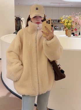 NN家秋冬加厚女立领仿羊羔毛麂皮绒皮毛一体环保皮草外套2540