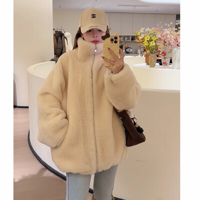 多巴胺色高领拉链环保皮草外套