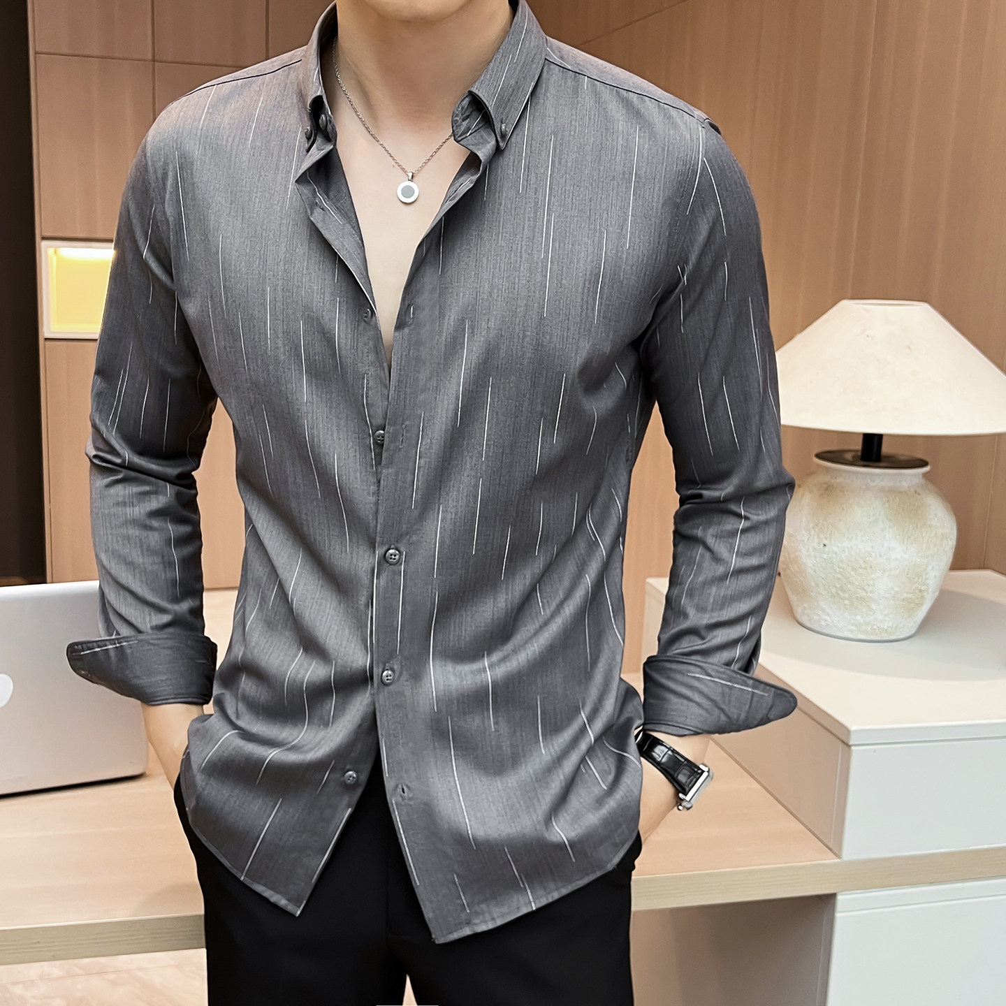 酒店景2025秋季新款流行条纯色长袖衬衫男休闲A311-CSZ8856-P48,男装衬衫,电商A311