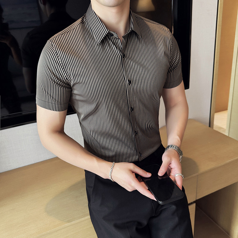 条纹短袖衬衫男士2025夏季新款轻奢高级感男装A311-CSC2403-P55,男装衬衫,电商A311
