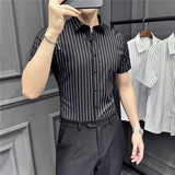 2025夏季短袖条纹衬衫韩版修身商务休闲衬衣男A311-CSZ88070-P55，男装衬衫，电商A311