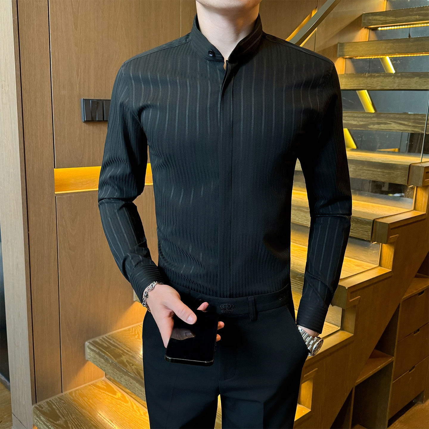 立领暗门径衬衫男长袖秋季新款衬衣商务休闲A311-CSC2508-P58,男装衬衫,电商A311