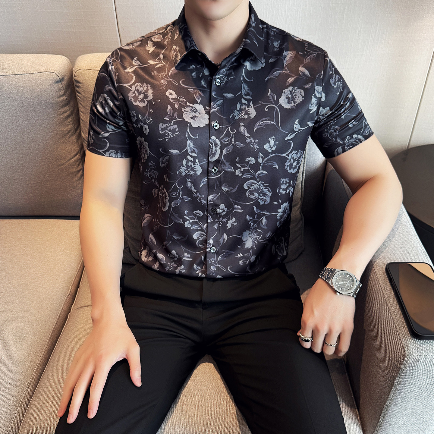 2025夏季新款印花衬衫男短袖潮流休闲帅气A311-CS2503-P53,男装衬衫,电商A311
