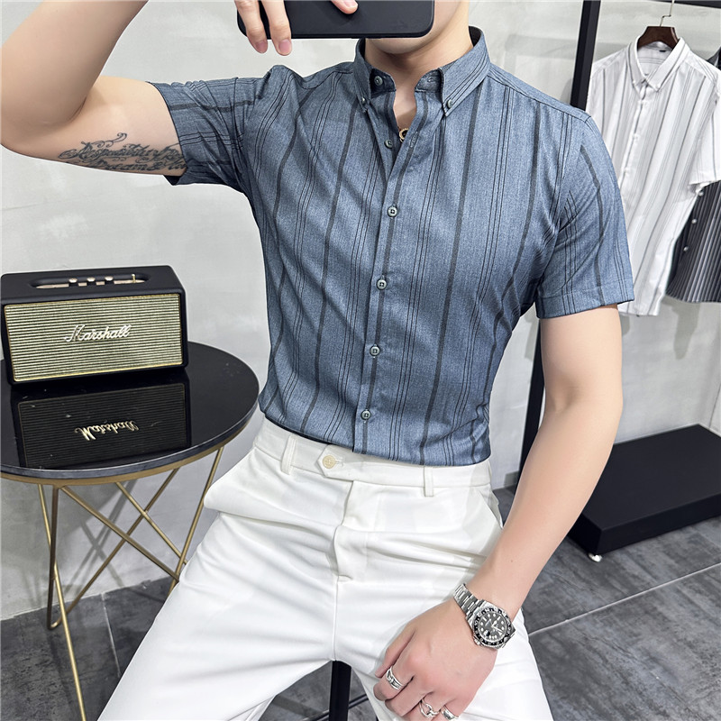 2025夏季短袖条纹衬衫韩版修身商务休闲衬衣男A311-CSZ88060-P55,男装T恤,电商A311