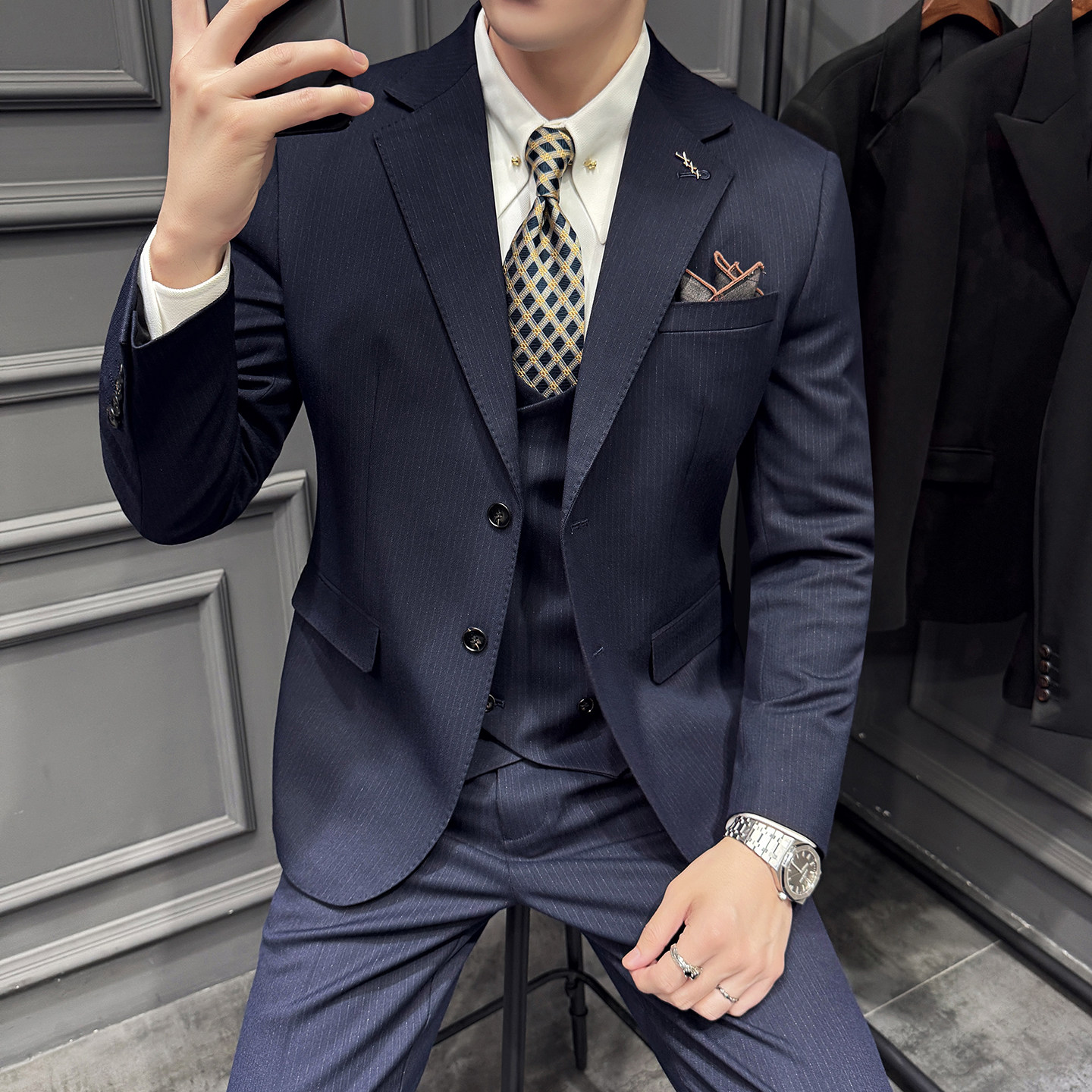 木框景2025秋季套装修身休闲商务大码男士礼服A311-SJT9016-P290,男装西服套装,电商A311