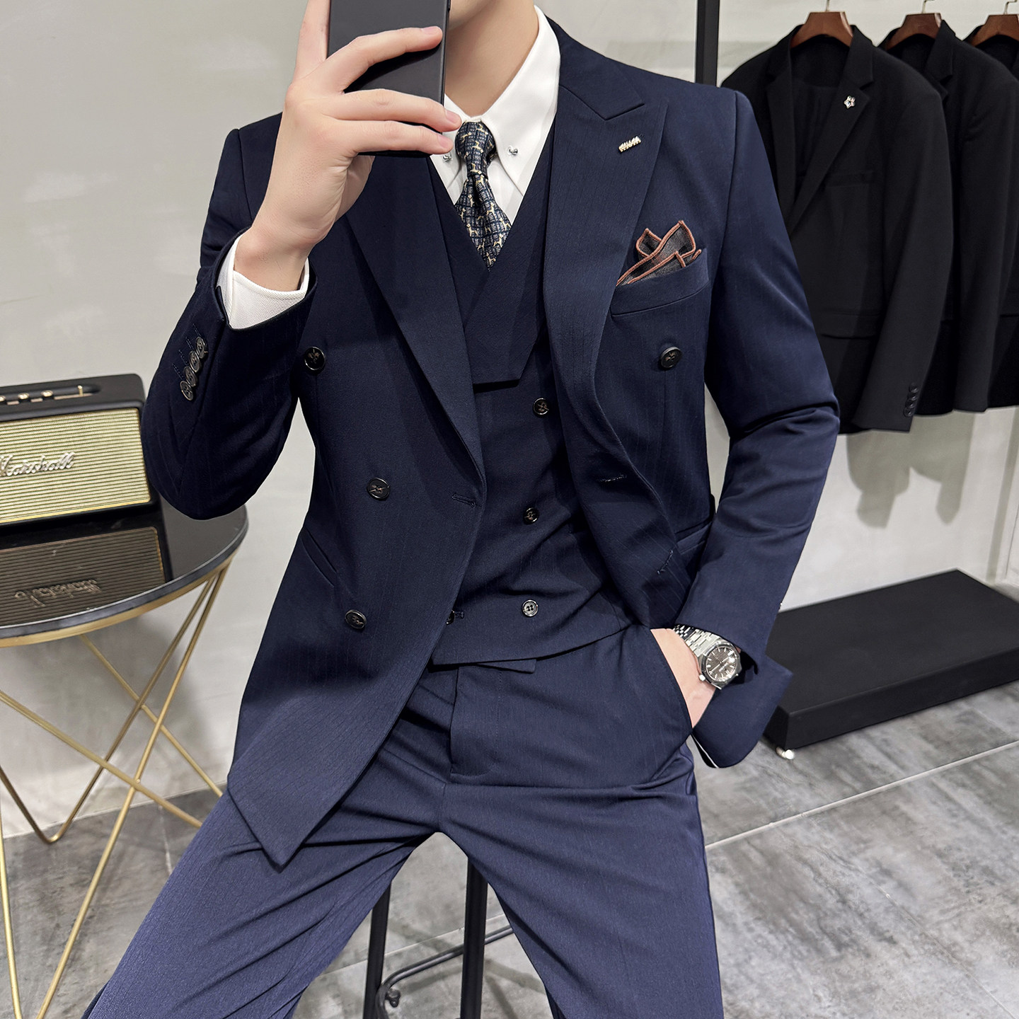 灰墙景 2025秋季套装修身休闲商务大码男士礼服A311-SJT9013-P290图片