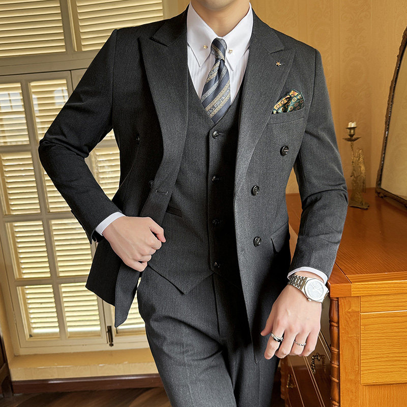 24春季西装双排套装修身休闲商务大码工西服男A311-SJT6890-P245图片