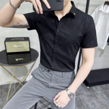 2025夏季新款短袖条纹衬衫韩版修身商务休闲衬衣男CS861-P68，男装T恤，电商A311