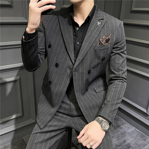 2025秋季套装男士条纹修身商务休闲双排扣西服A311-LJT6833-P210图片