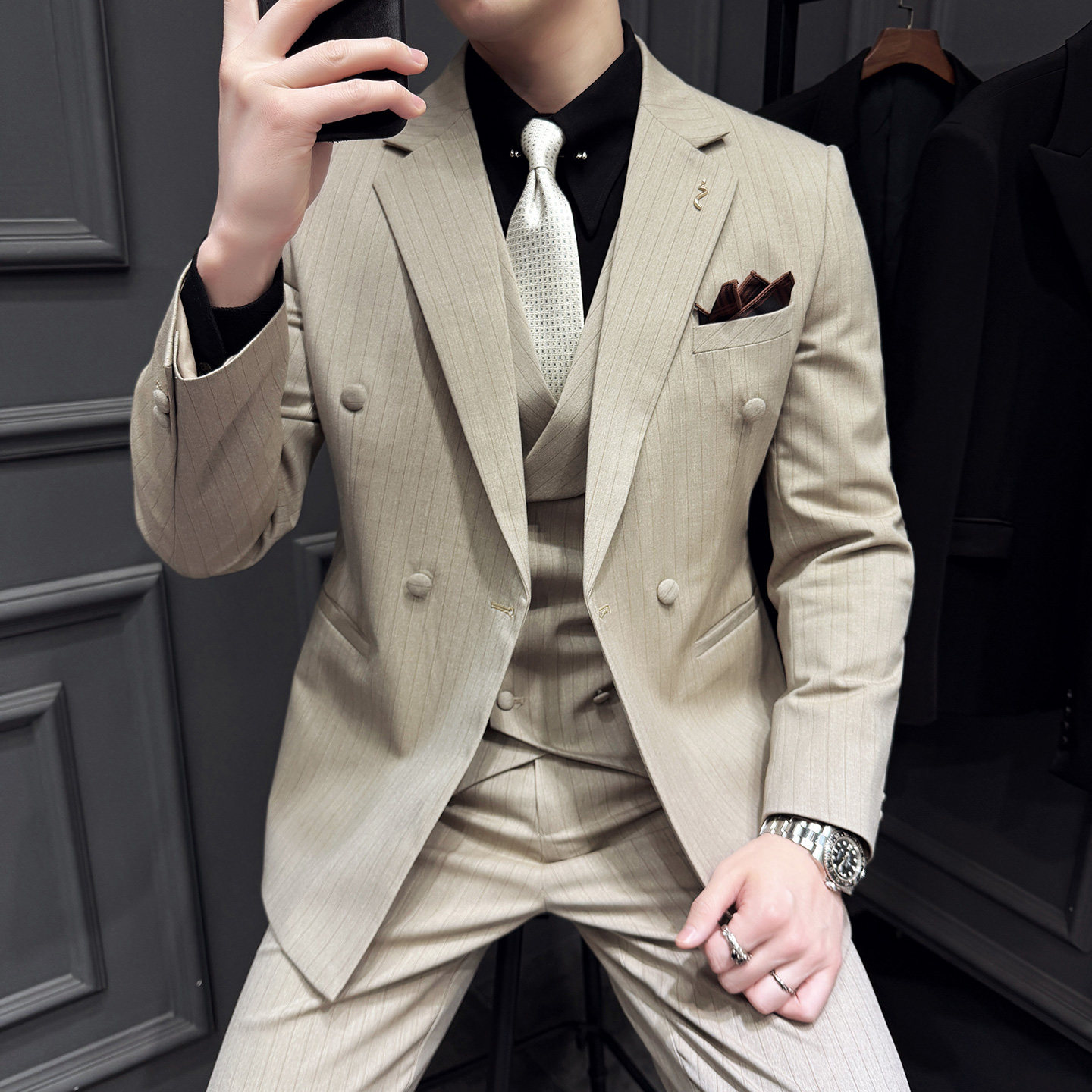 木框景2026春季西服套装条纹休闲大码西服A311-SJT9022-P290，男装西服套装，电商A311