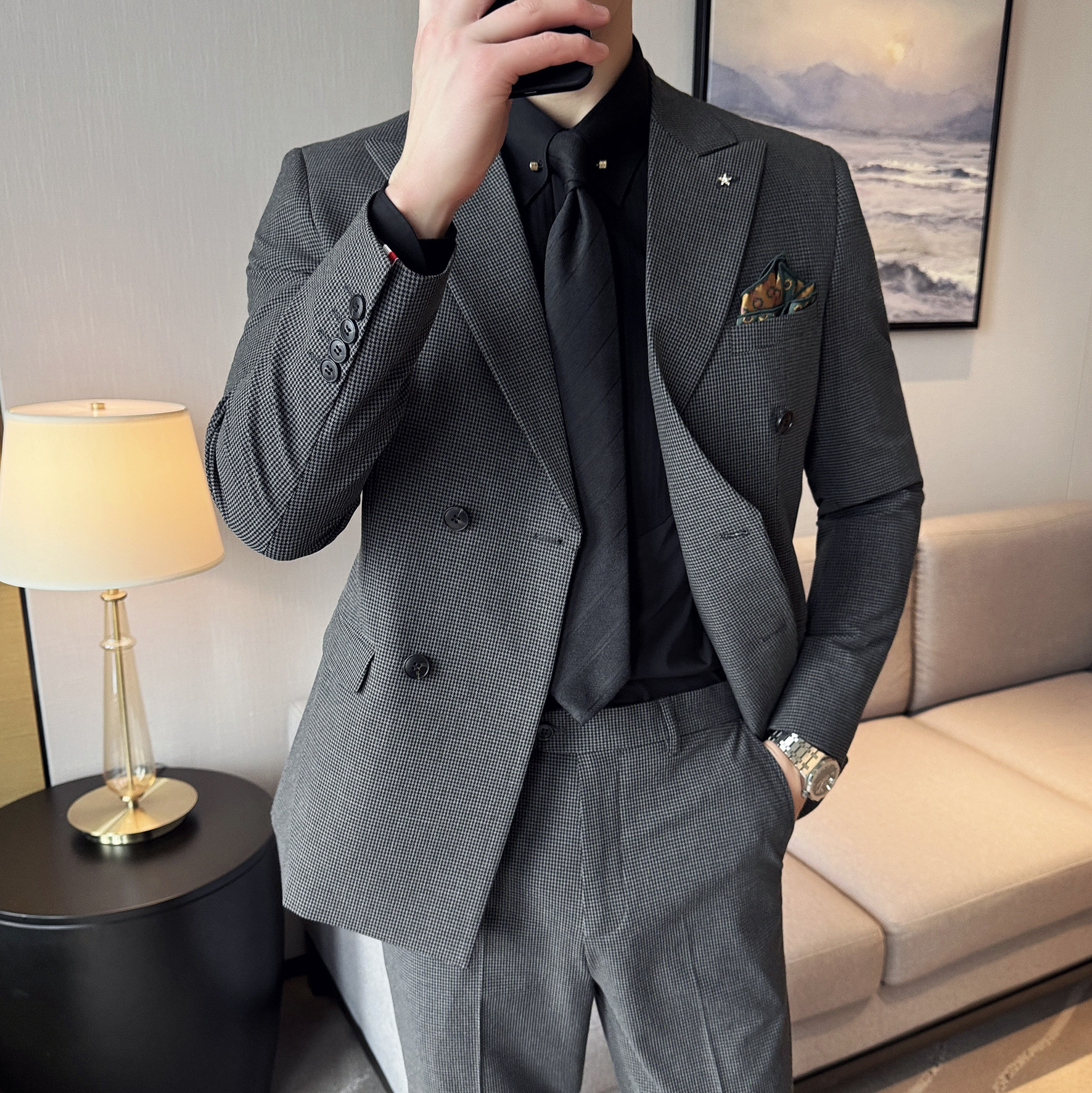 2024春季双排扣西装套装修身休闲商务西服男士A311-LJT9993-P235,男装西服套装,电商A311