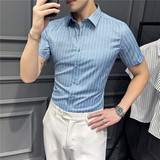 2025夏季短袖条纹衬衫韩版修身商务休闲衬衣男A311-CSZ88070-P55，男装衬衫，电商A311