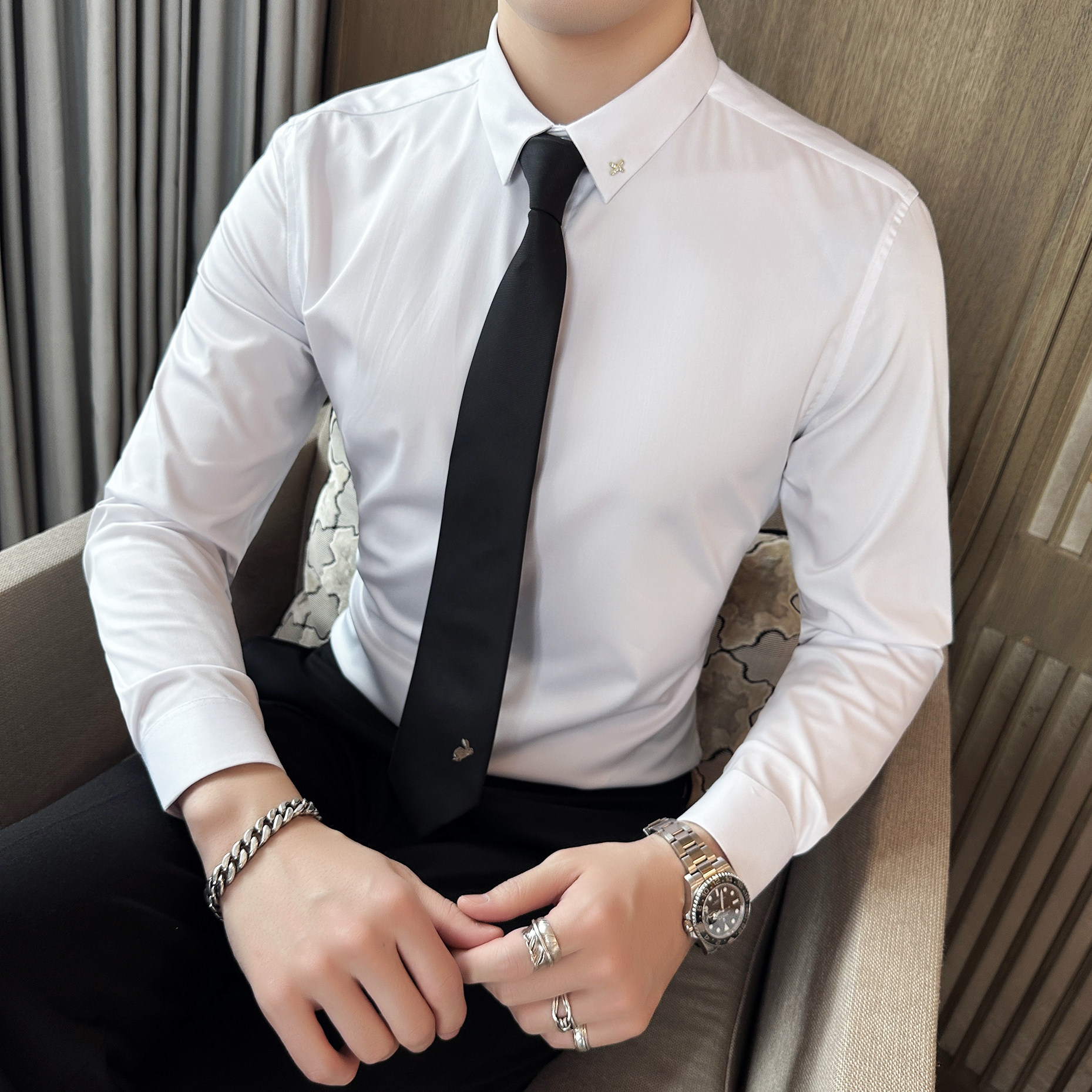 2025春季青年衬衫男长袖白色修身休闲衬衣男士A311-CS3022-P68图片