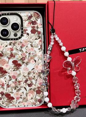 C家艺术家鞠婧祎同款复古花适用iphone15promax17P手机壳14pro苹果13保护套16/12/11透明小众手链挂绳女