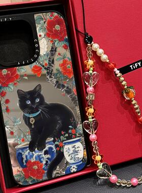 C家青花瓷牡丹花黑猫咪适用iphone16手机壳15promax/17P苹果14pro镜面MagSafe磁吸13中国风12复古少女17新款