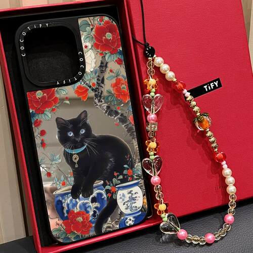 C家青花瓷牡丹花黑猫咪适用iphone16手机壳15promax/17P苹果14pro镜面MagSafe磁吸13中国风12复古少女17新款