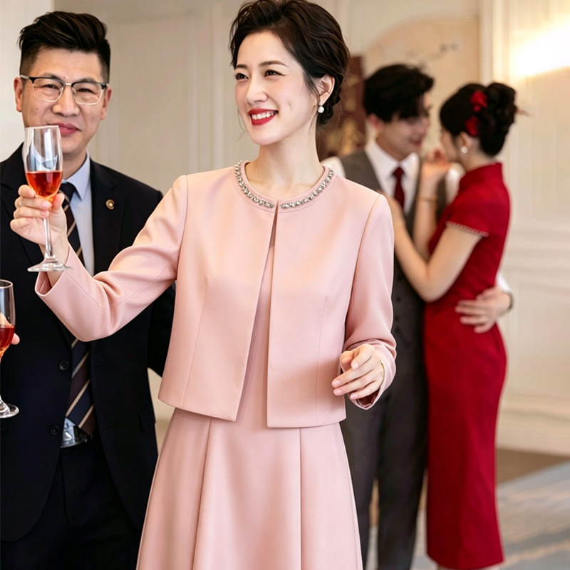 喜婆婆婚宴装两件套轻奢镶钻圆领外套高腰A字裙结婚妈妈礼服套装