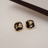 柚卡黑色贝母方形耳环法式 复古耳钉高级感冷淡风耳饰秋冬气质名媛
