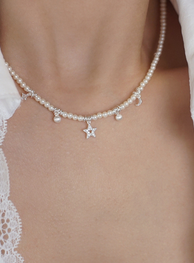柚卡 星星月亮吊坠仿珍珠项链高级感轻奢小众女配饰甜酷辣妹风