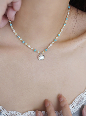 上新85折蓝色串珠天然石项链高级感轻奢小众配饰女贝母多巴胺度假