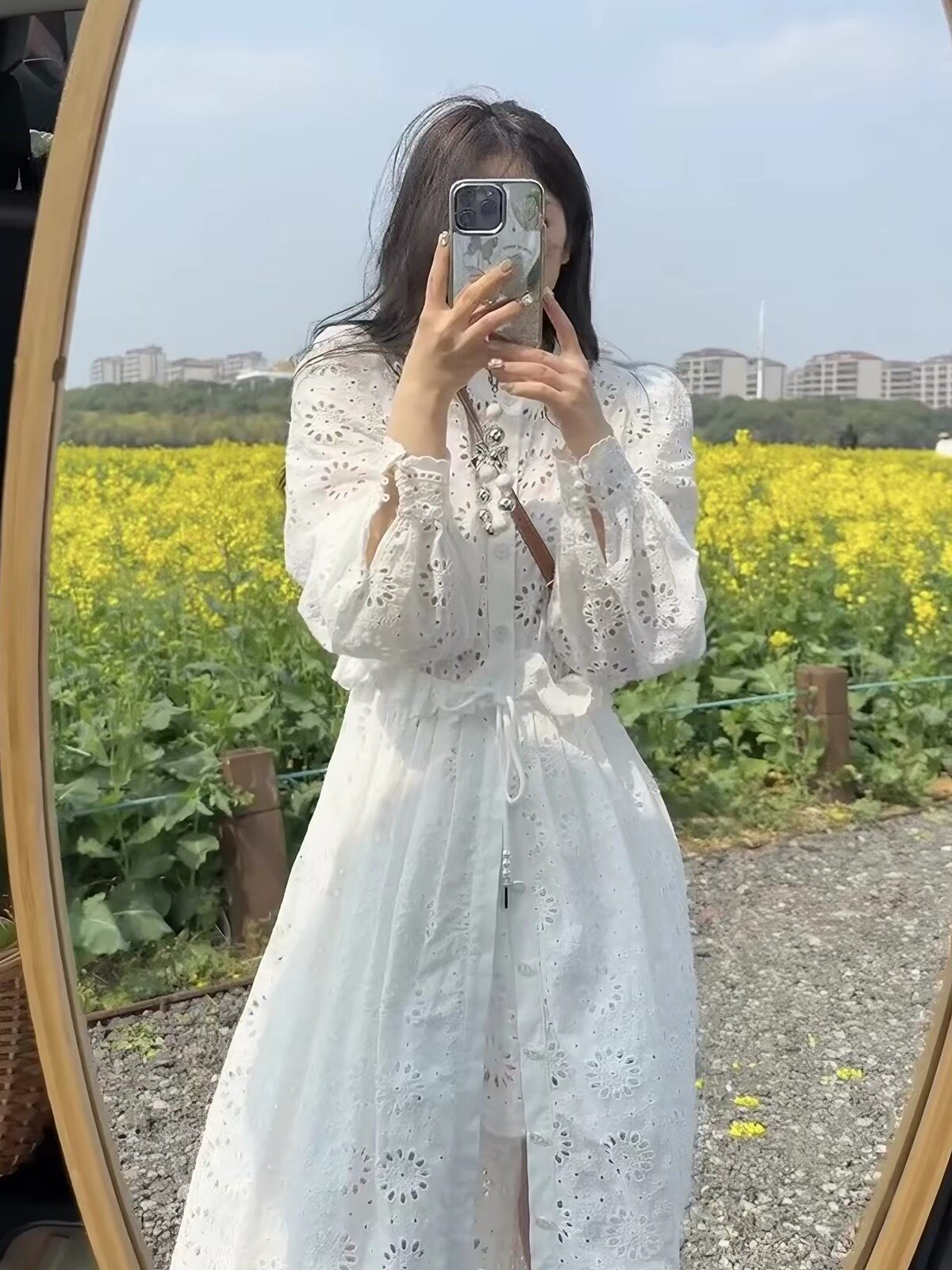 胖mm2026春秋女新款法式温柔风中长款蕾丝重工镂空连衣裙两件套装