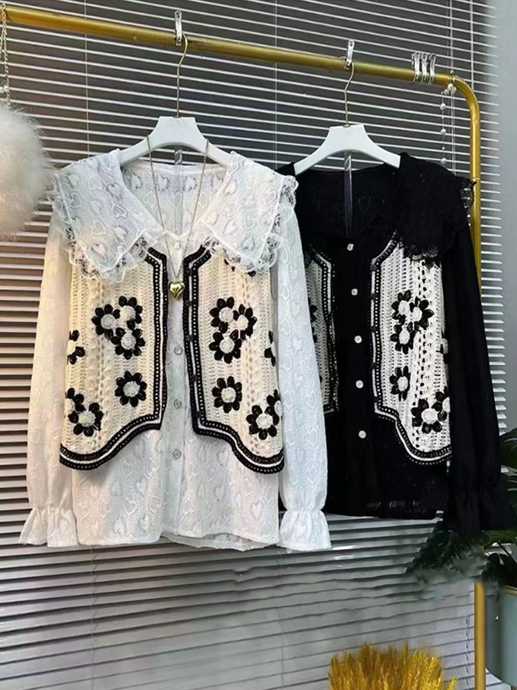 胖妹妹2023秋季新款大码女装时尚针织花朵马甲娃娃领衬衫两件套装