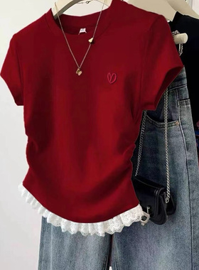 红色蕾丝印花蝴蝶结T恤女夏季2025纯棉短袖小个子正肩收腰上衣