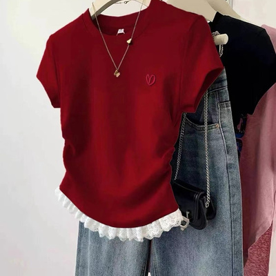 红色蕾丝印花蝴蝶结T恤女夏季2025纯棉短袖小个子正肩收腰上衣