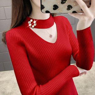 贵妇有档次挂脖针织衫女秋冬2025新款镂空毛衣打底衫内搭上衣