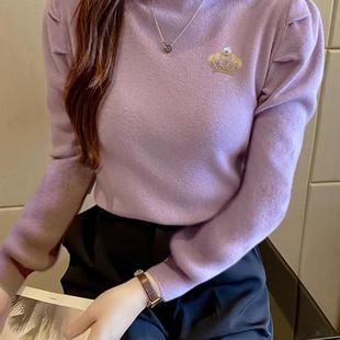 秋冬季新款长袖针织衫半高领打底衫女薄款修身毛衣女泡泡袖上衣