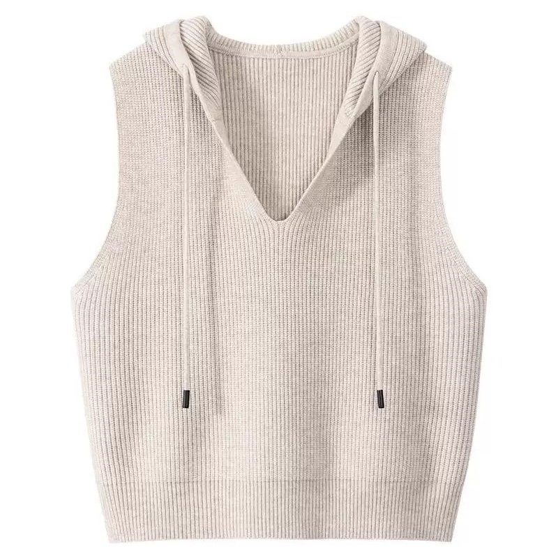 纯羊毛连帽针织马甲背心女春秋新款宽松外穿马夹叠穿内搭毛衣坎肩