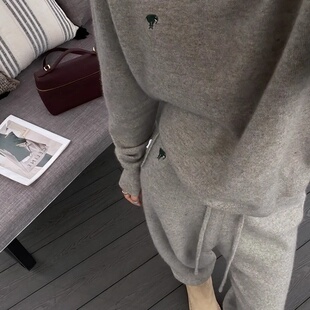 秋冬加厚刺绣圆领羊毛针织毛衣宽松阔腿裤 两件套运动减龄直筒套装