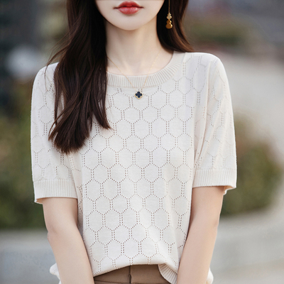 夏季纯棉镂空菱形宽松显瘦T恤