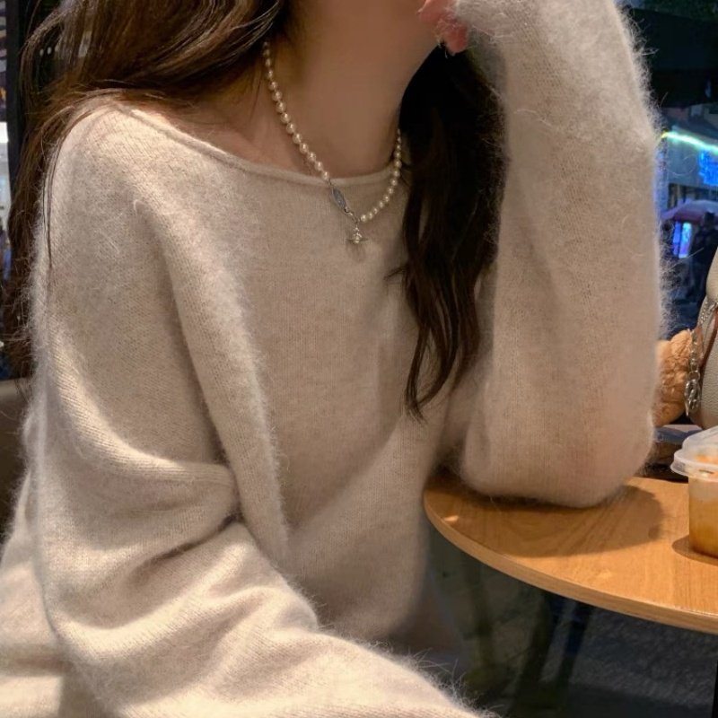 秋冬卷边圆领纯羊毛衫女中长款宽松显瘦打底衫针织休闲慵懒风毛衣