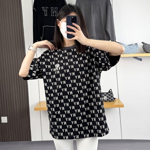 25新款MLB情侣短袖男女NY复古老花满印圆领休闲运动T恤3ATSM0553