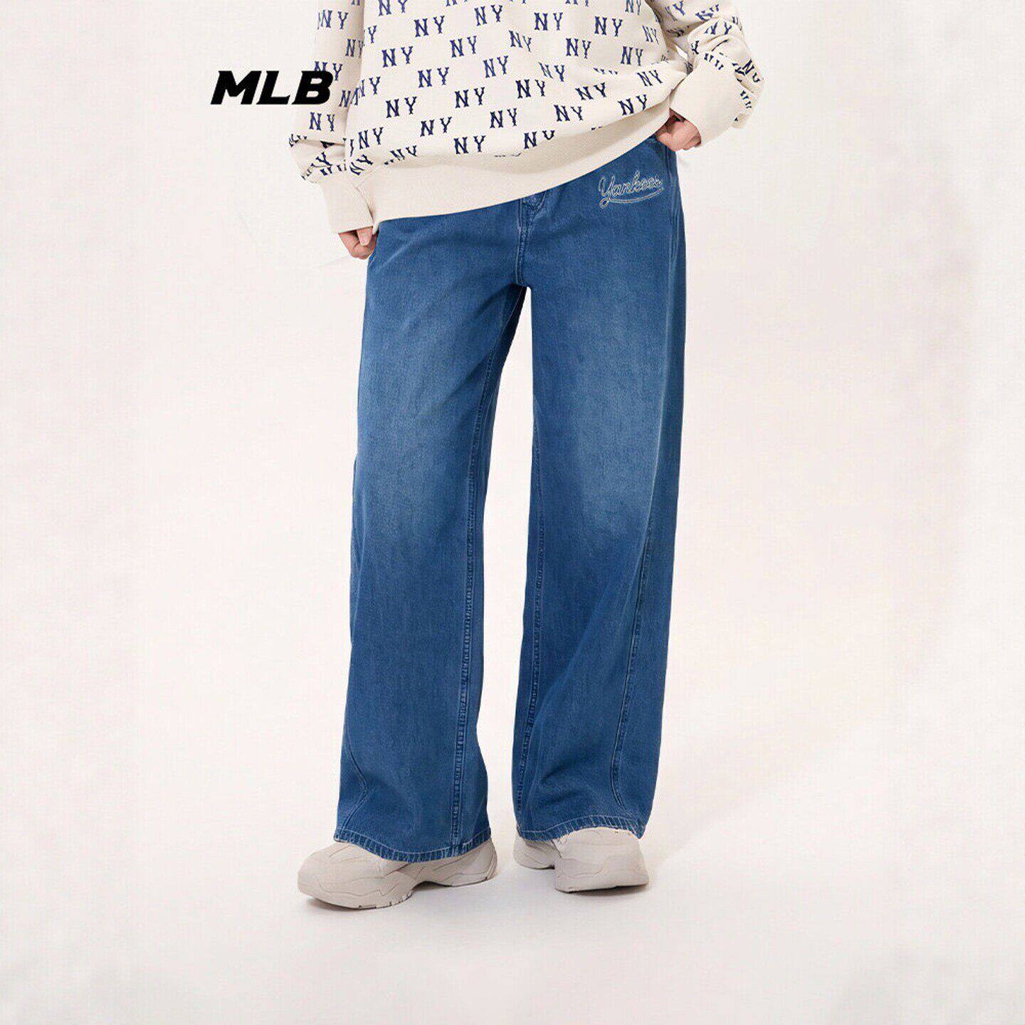 MLB女子牛仔裤刺绣小标阔腿长裤