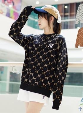 24新款MLB男女情侣学院风圆领NY钻石老花满标套头卫衣3AMTM0144