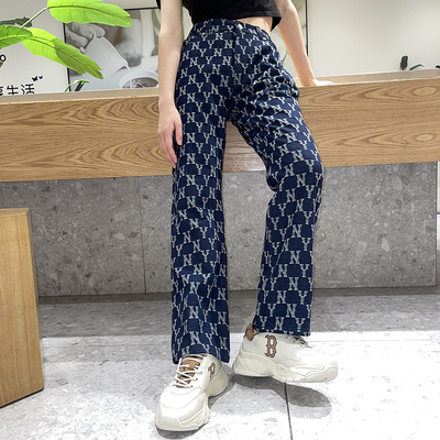 MLB女士复古满印直筒休闲牛仔裤