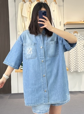 25新款MLB情侣牛仔衬衫男女NY刺绣短袖外套翻领运动夹克3ADRB0653