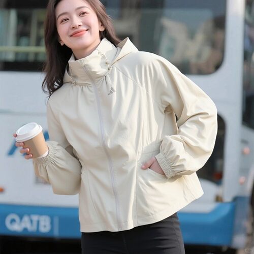 阿迪达斯女梭织连帽抽绳收腰外套