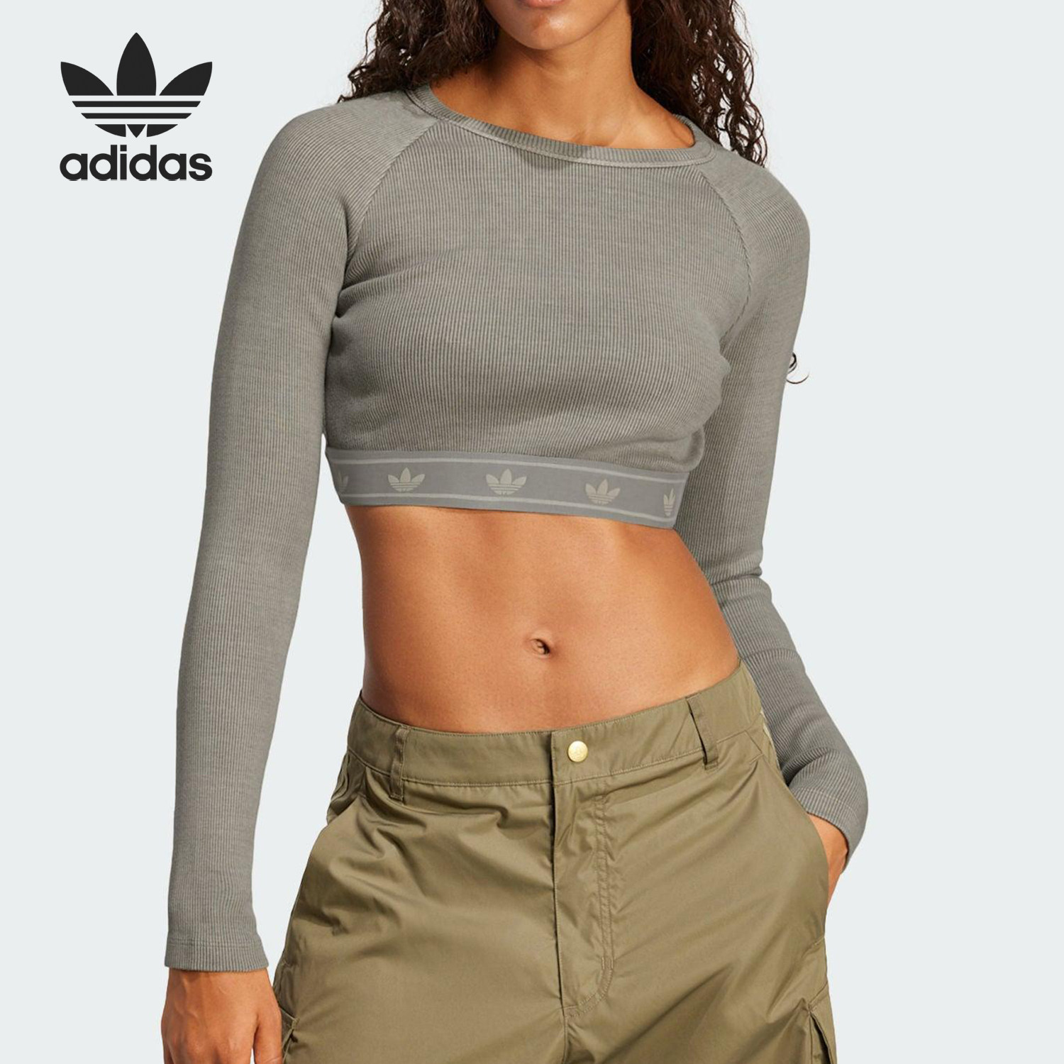 阿迪达斯女子新款舒适百搭修身短款露脐运动休闲长袖T恤JI5745